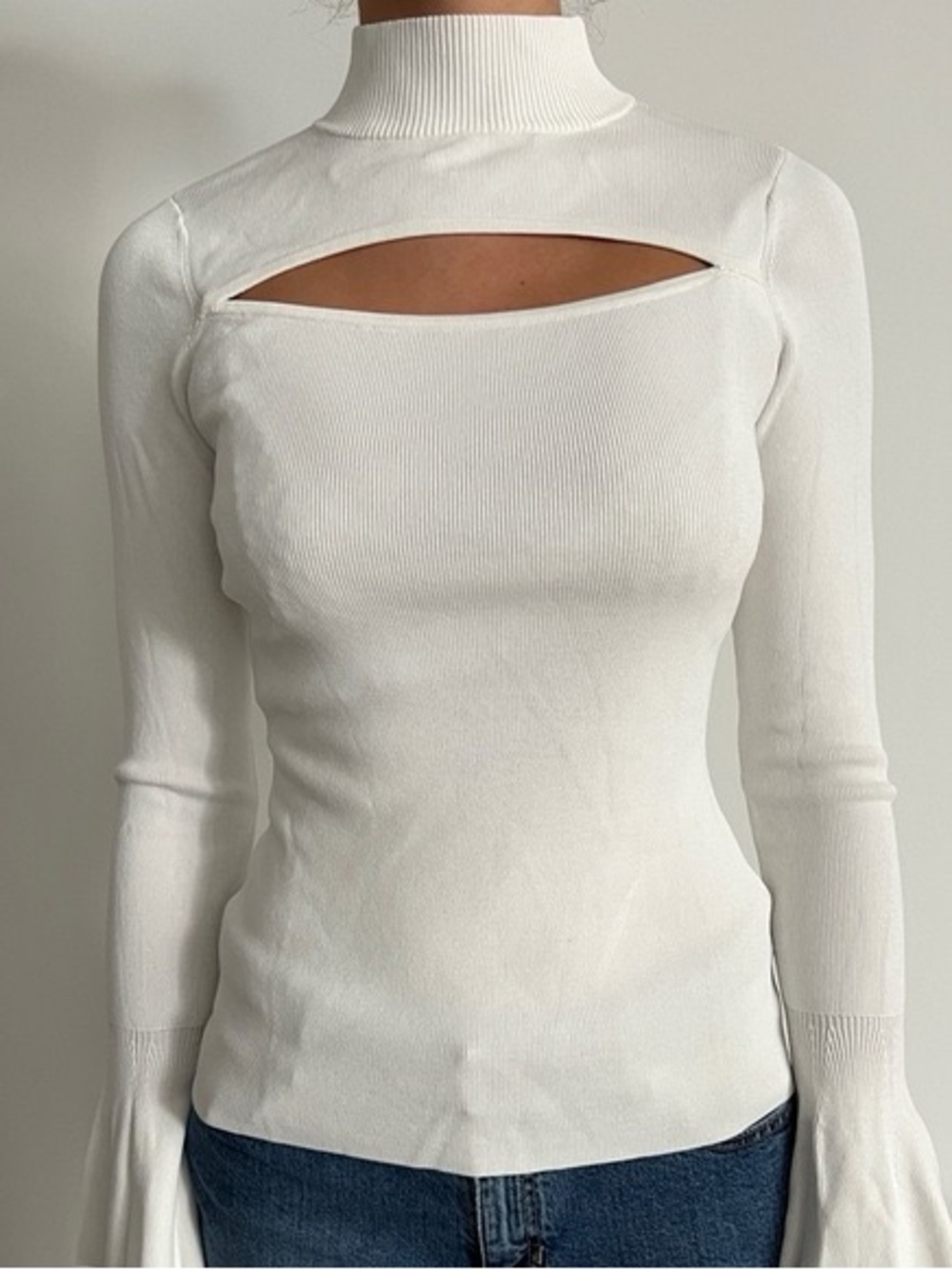 INTERMIX White Ribbed Mock Neck Cutout Top